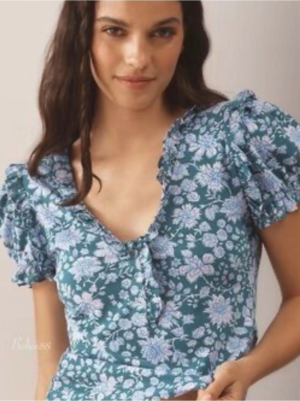 Maeve Anthropologie Plus 3XL Floral Puff-Sleeve V-Neck Henley Top NWT